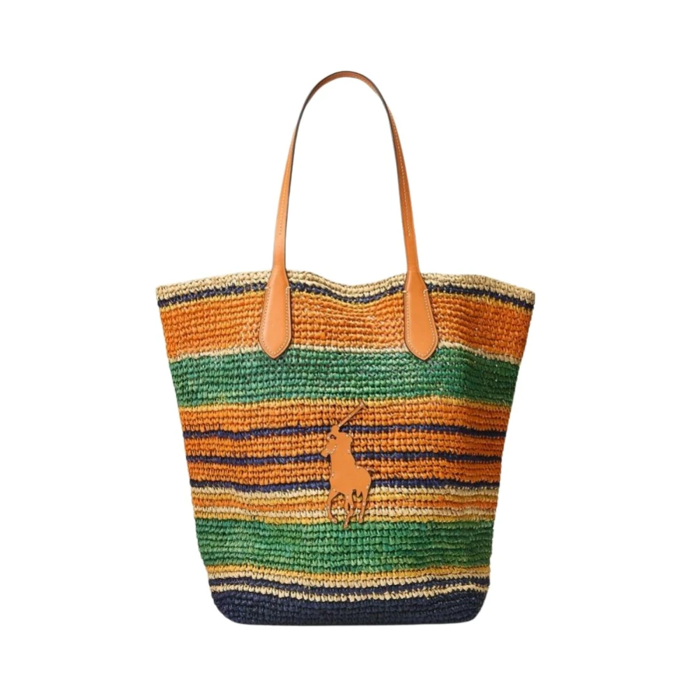 Stripete Raffia Tote Bag med Stor Pony