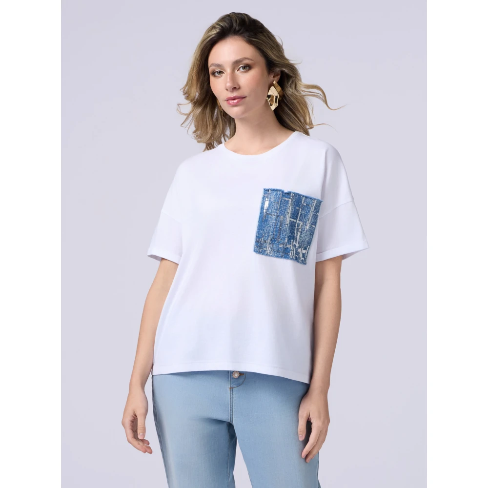 Oltre T-shirt met denim zak en pailletten White Dames