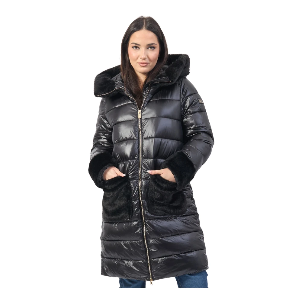 YES ZEE Zwarte Gewatteerde Hooded Lange Jas Black Dames