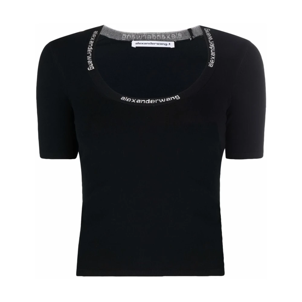 Alexander wang Zwarte Sweater met Logo-Rand en Scoop-Neck Black Dames