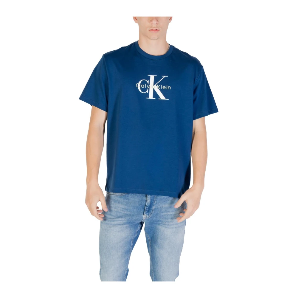 Calvin Klein Jeans Men's Blue Printed Cotton Tee Extra Large
