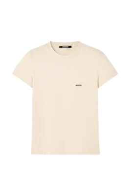 Beige Top med Logo Patch Korta ärmar