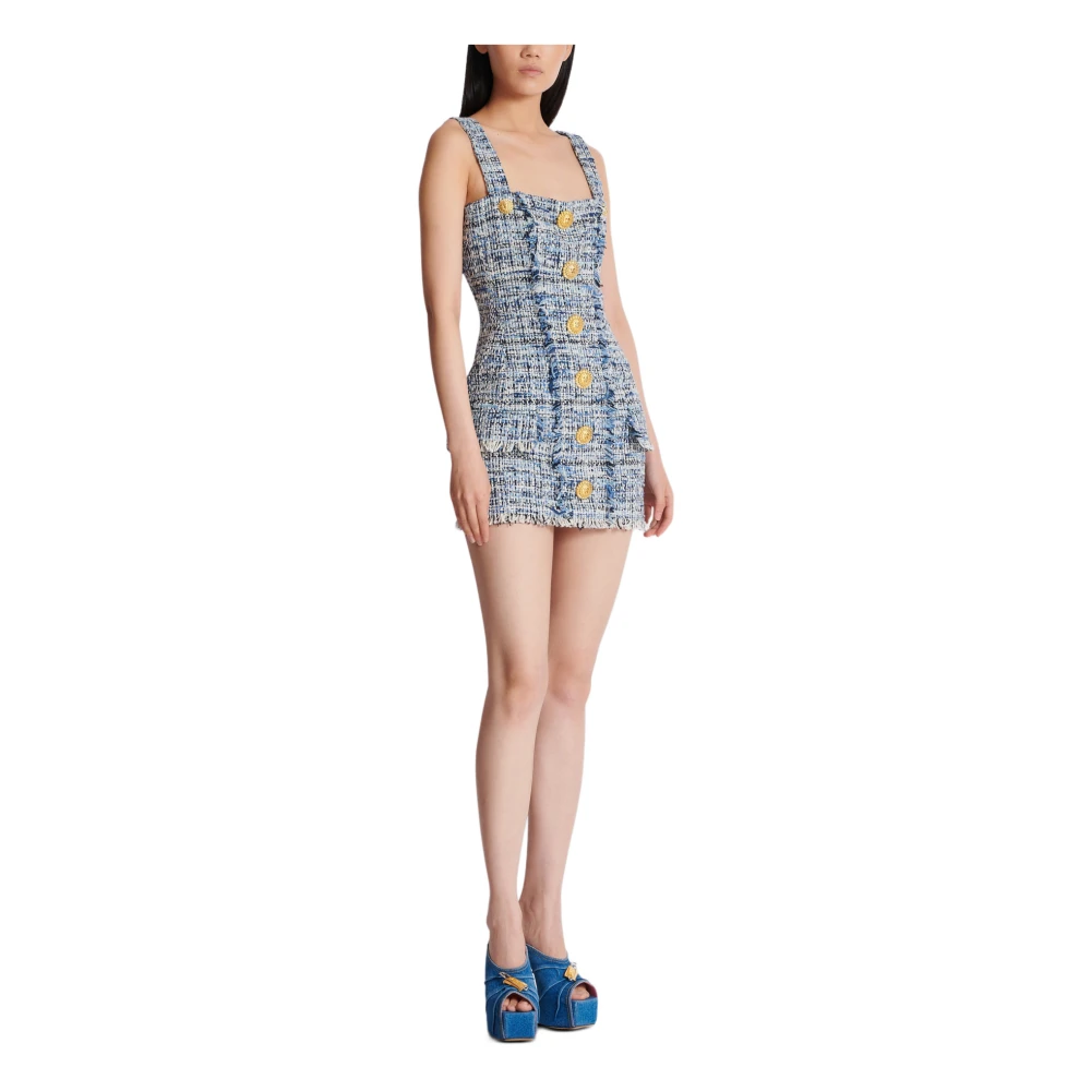 Balmain Korte tweedjurk met bandjes Blue Dames
