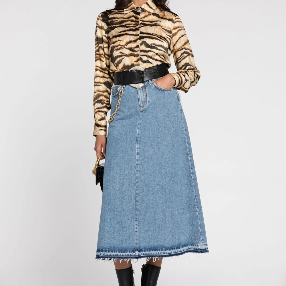 Roberto Cavalli Distressed Denim Rok met Spiegelslang Patch Blue Dames