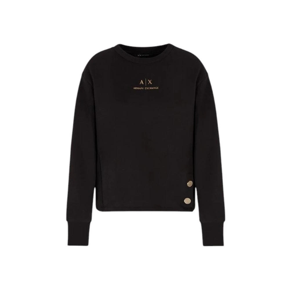 Armani Exchange Women's Black Crewneck Sweatshirt With Gold Logo And Buttons - Sweatshirts - M - Sweatshirts & Hoodies
