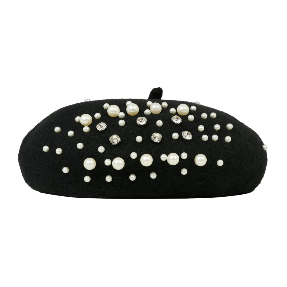 Monnalisa Black Hats & Caps, Female, 52 Cm, Beret With Pearls And Rhinestones