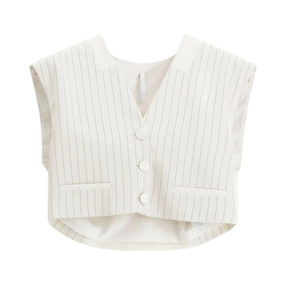 Imperial Women's Beige Waistcoats, M, Short Striped Sleeveless Tailored Vest