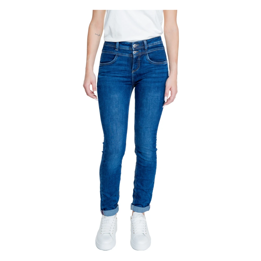 Street One Blauwe Effen Rits Knoop Jeans Vrouwen Blue Dames
