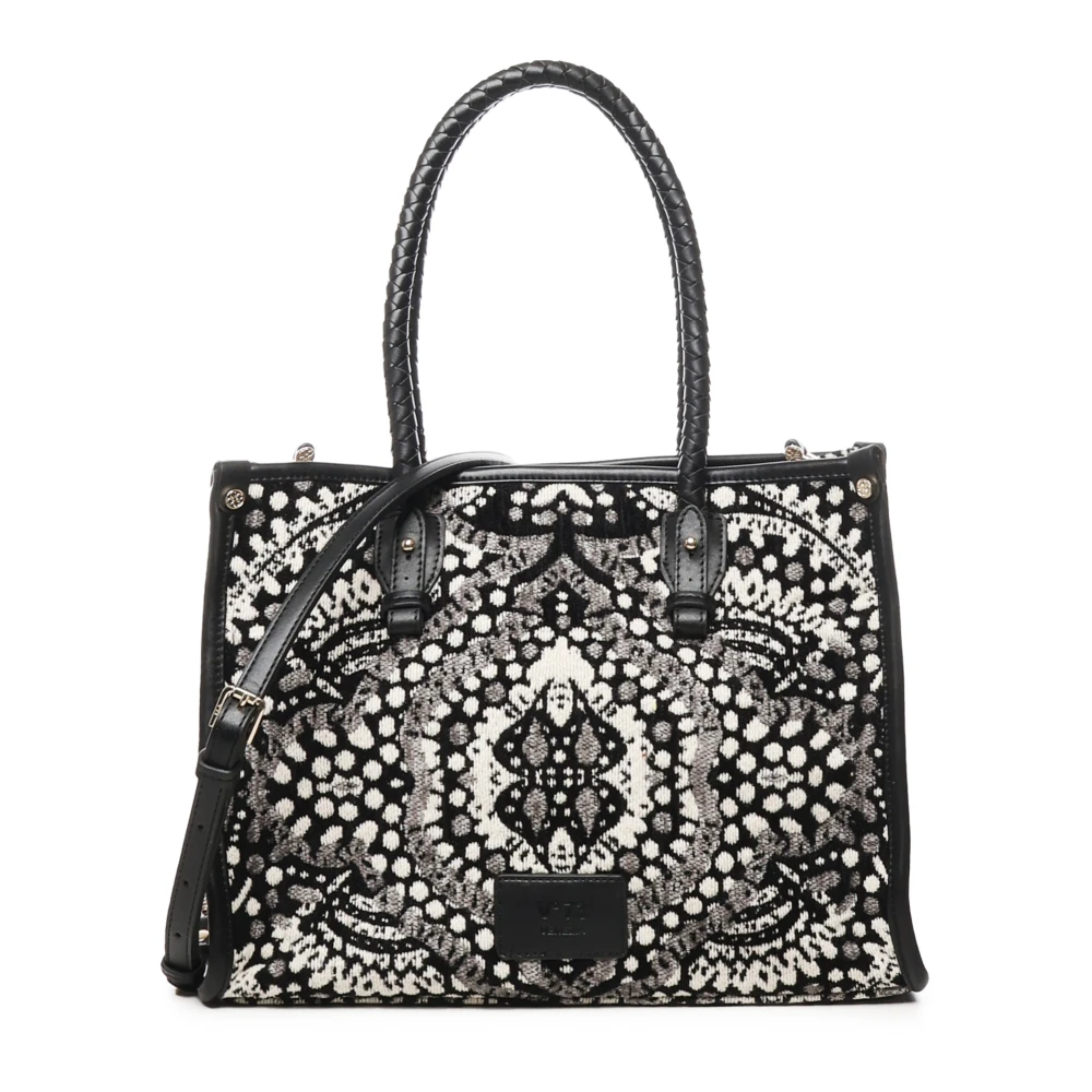 V73 Gestreepte stoffen boodschappentas met gevlochten handvatten Black Dames