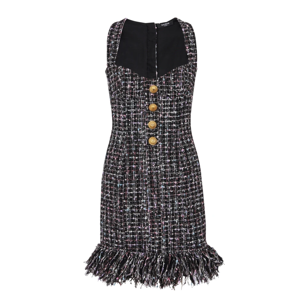 Balmain Donna Nero Abito Corto In Tweed Con Bottoni