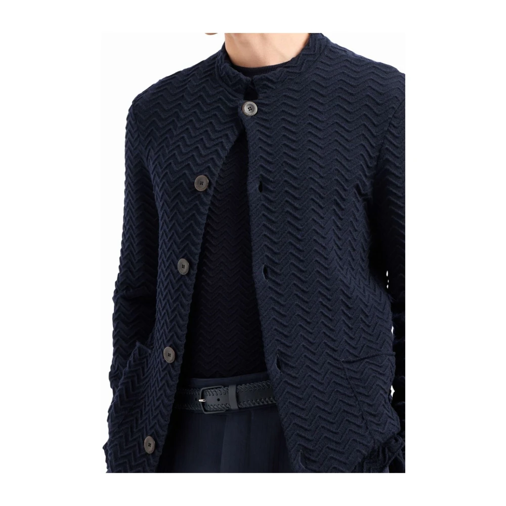 Giorgio Armani Blauwe Wollen Blend Geborduurde Jas Blue Heren