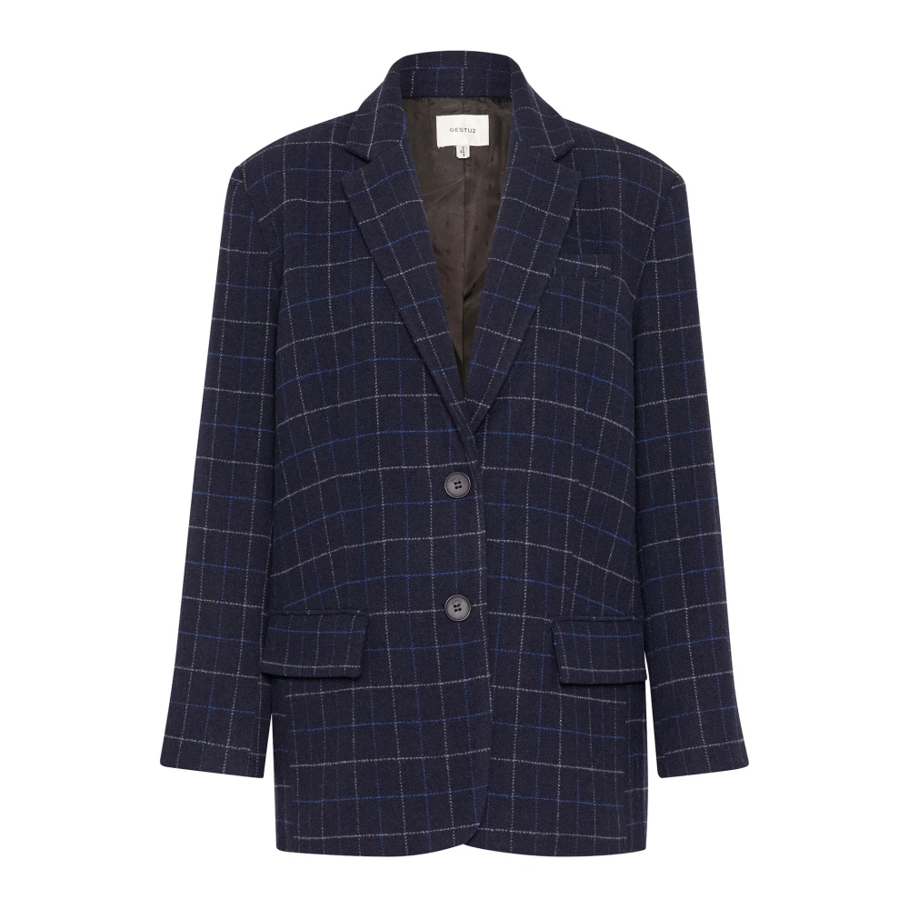 Gestuz Oversized Blazer Navy Blue Check Blue Dames