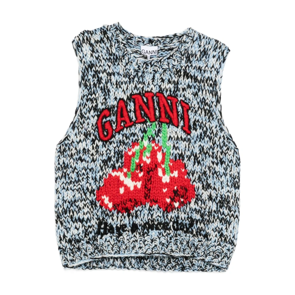 Ganni , Round-Neck Knitwear, Female, Blue, S, Sleeveless Round-Neck Knit
