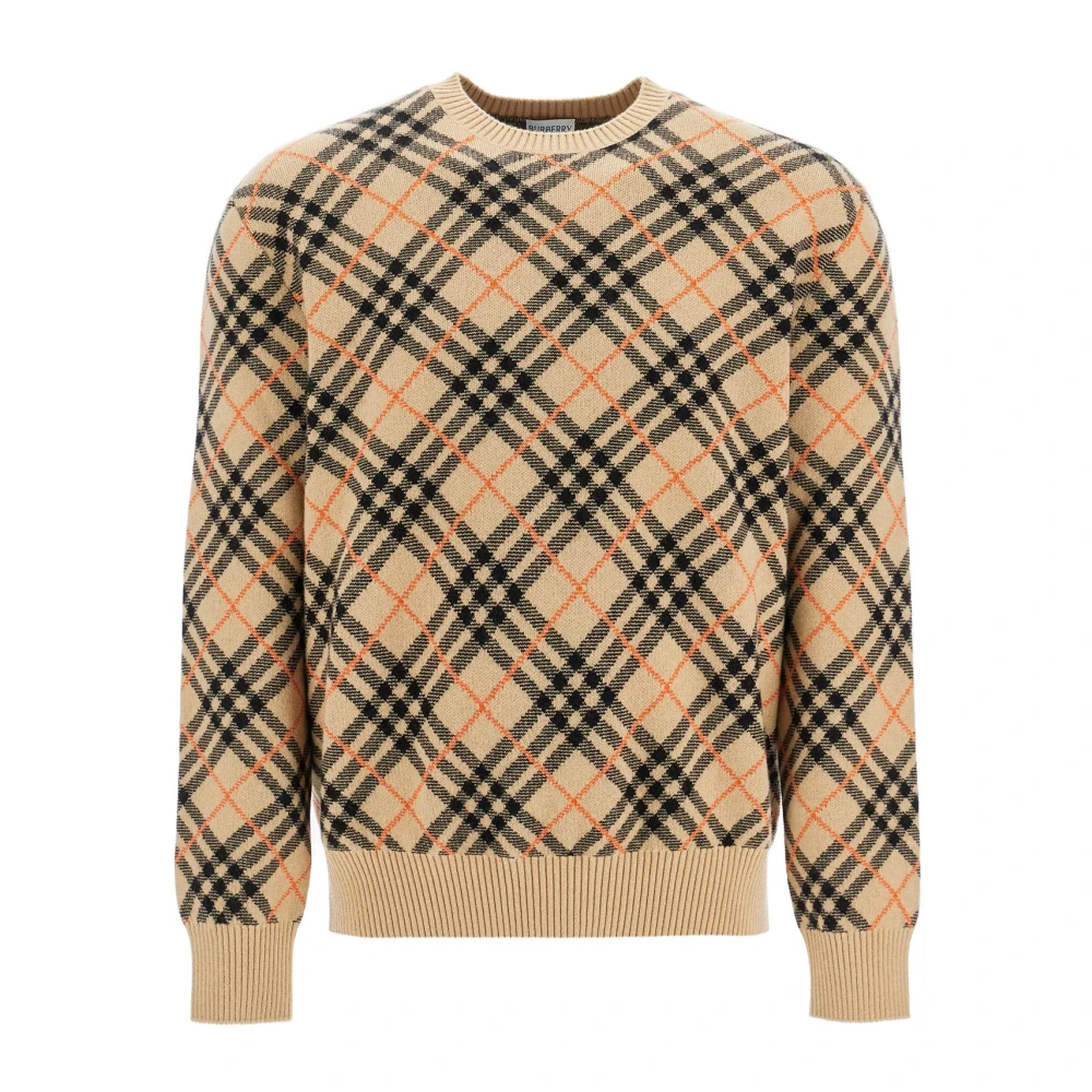 Burberry Geruite Jacquard Cashmere Crewneck Sweater Beige Heren