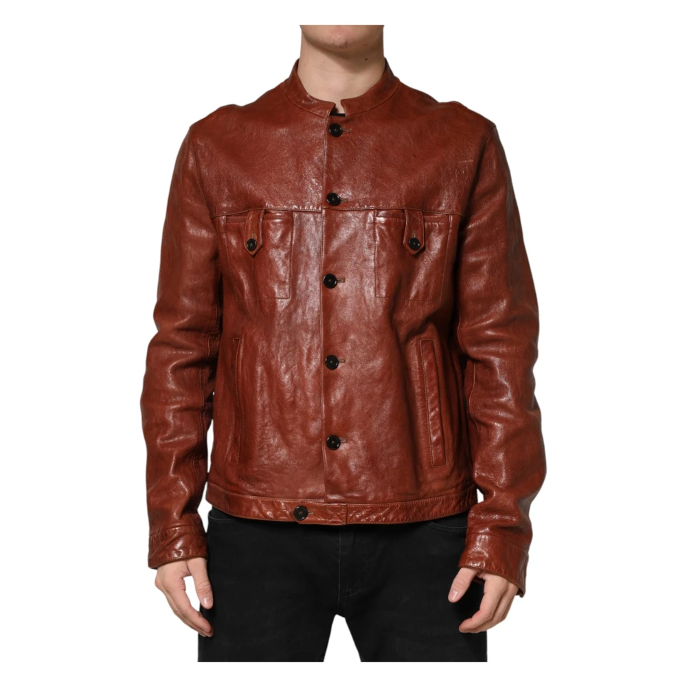 Dolce & Gabbana Men's Brown Leather Jackets, 2XL, Button Down Biker Jacket