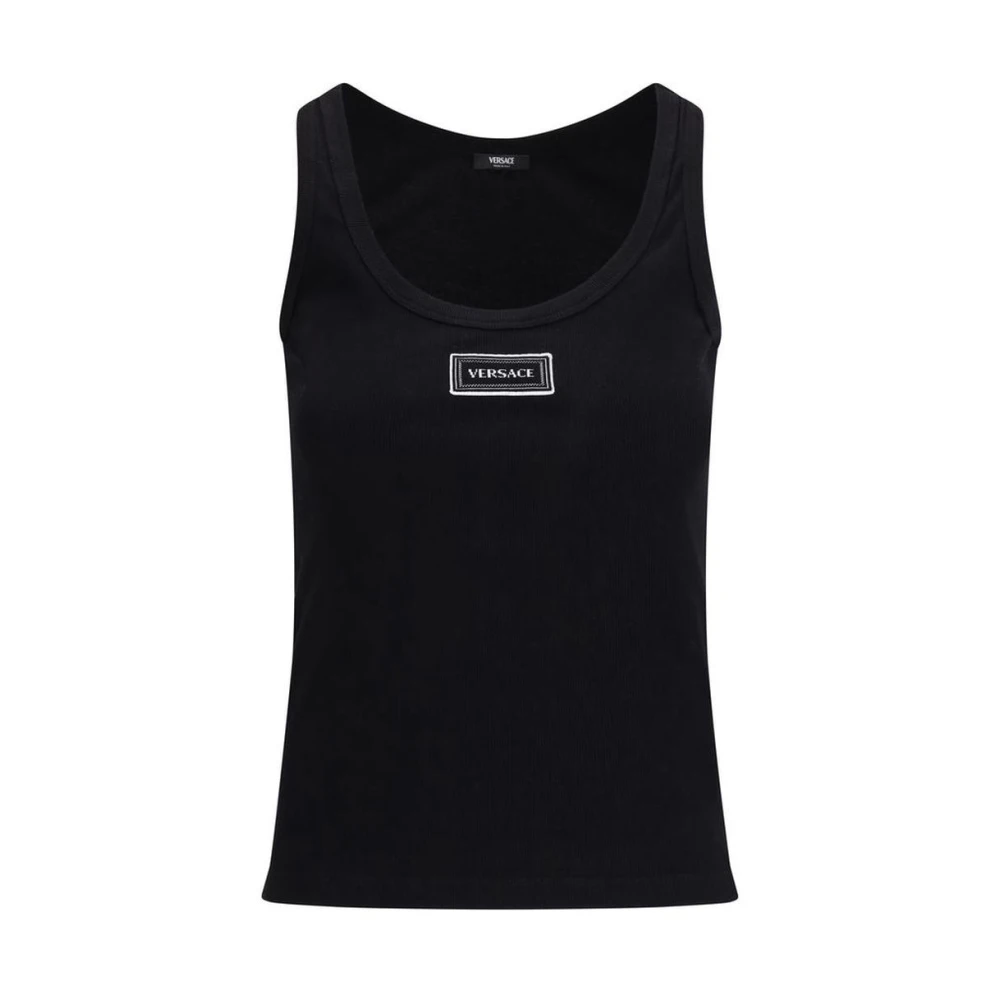 Versace Women's Black Sleeveless Tops, L, Cotton Crew Neck Casual Top