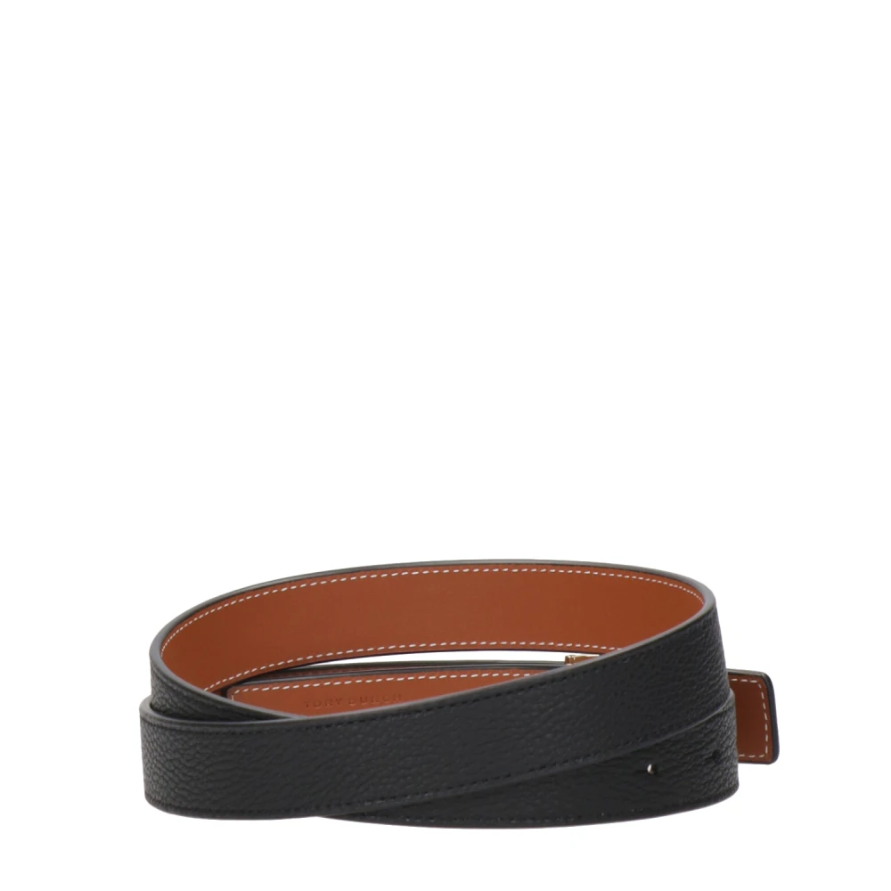 TORY BURCH Riem van generfd leer met logo-gesp Black Dames