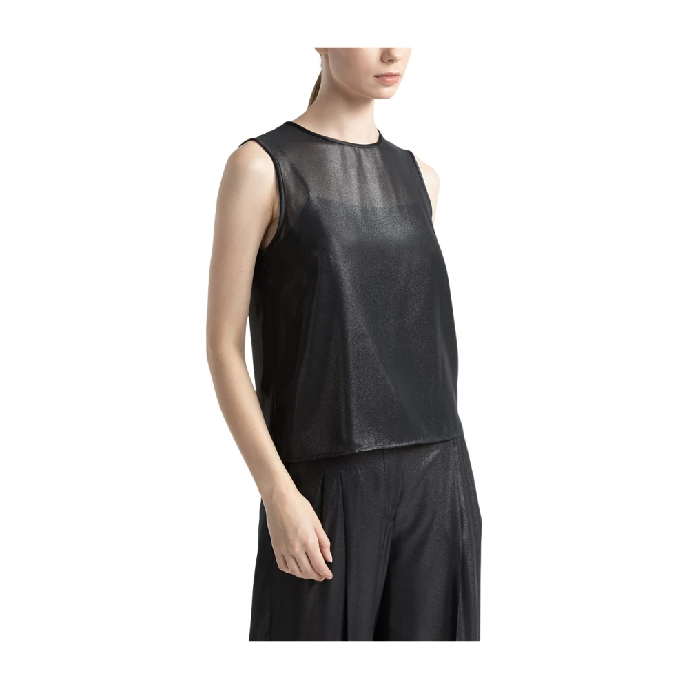 PESERICO Gelamineerde georgette ronde hals top Black Dames
