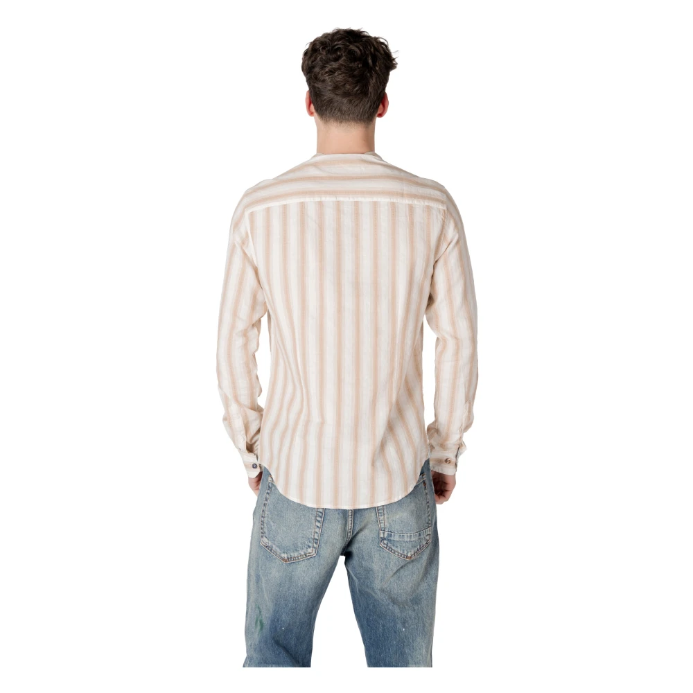 Gianni Lupo Gestreepte Mandarin Kraag Katoenen Overhemd Beige Heren