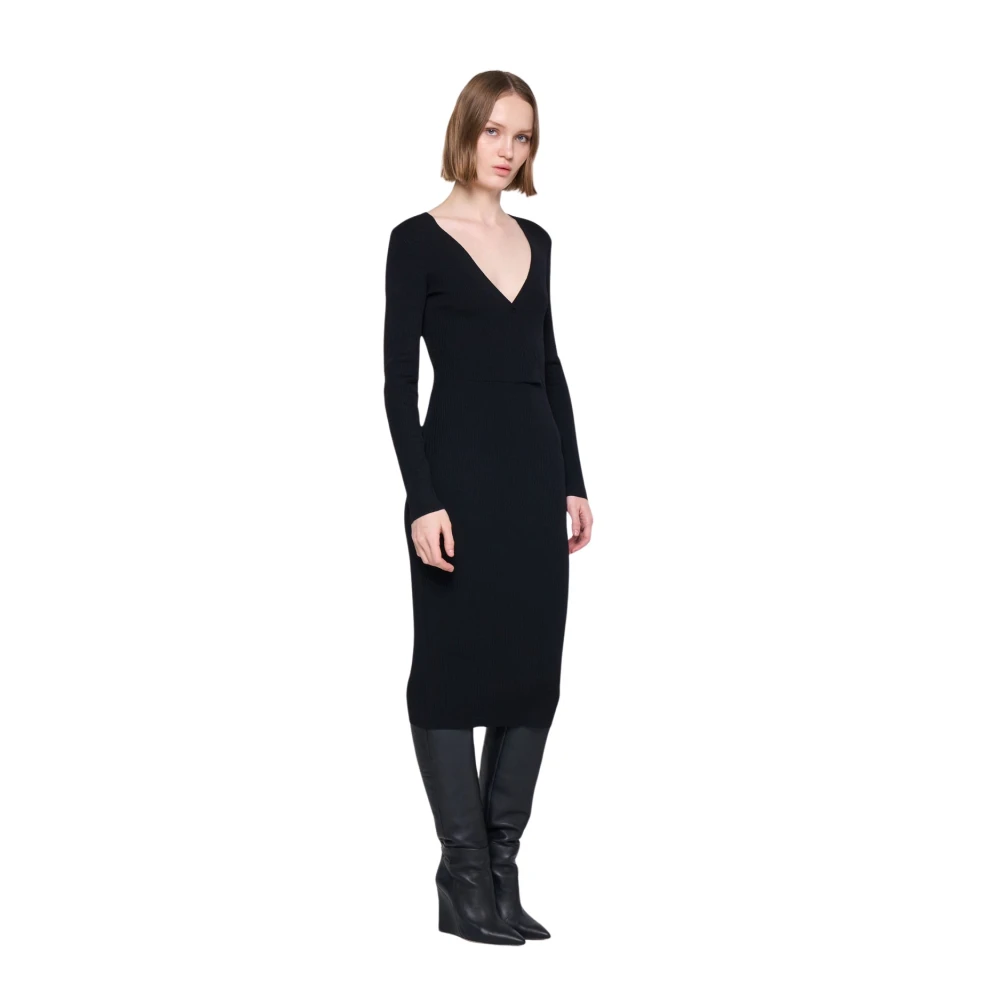 Silvian Heach Geribbelde Midi Jurk met Diepe V-Hals Black Dames