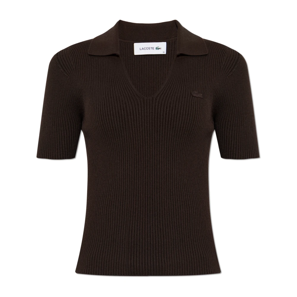 Lacoste Kvinno Brun Stickade Tröjor Dam, 2XS, Polyester, Ribbstickad Pikétröja Med Logotypmärke