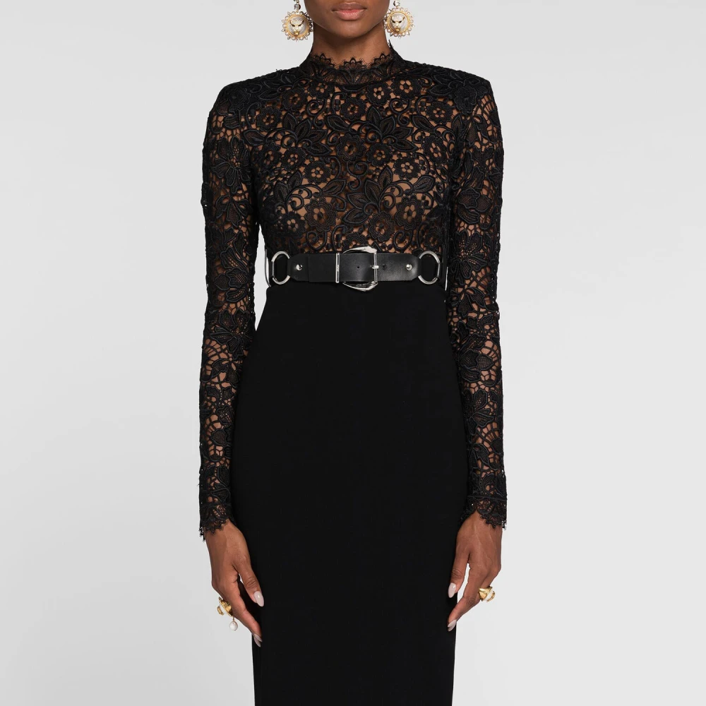 Roberto Cavalli Kanten-paneel wollen jurk met riem Black Dames