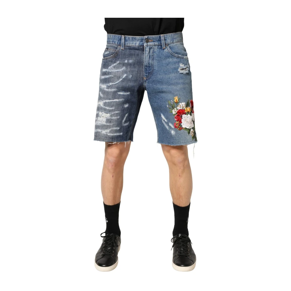 Dolce & Gabbana Blå Floral Embroidery Tattered Denim Shorts