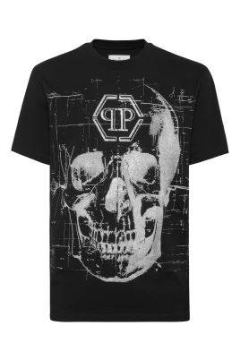 T-shirt med rund hals och dödskalle Strass