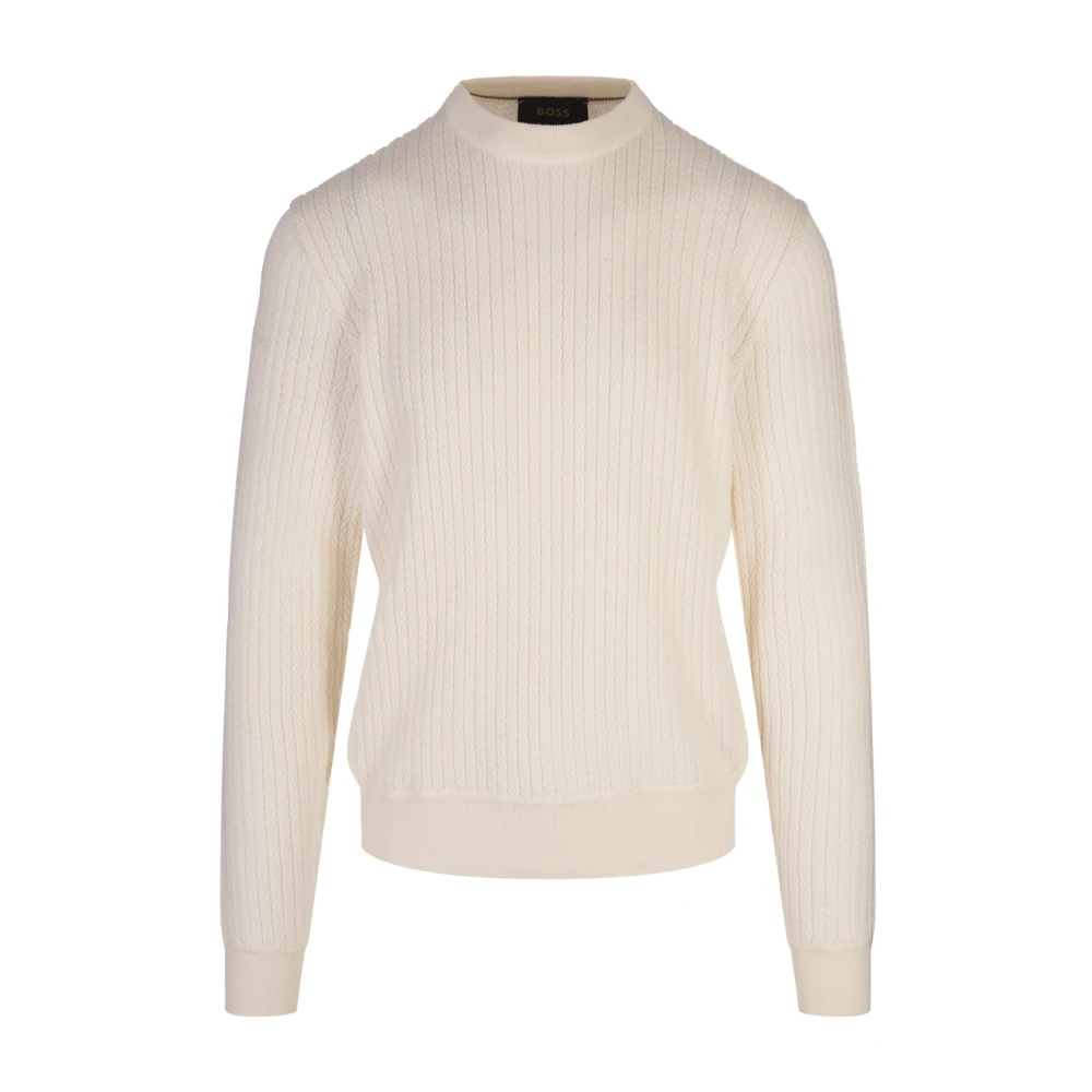 Hugo Boss Zijde Blend Visgraat Ronde Hals Sweater White Heren