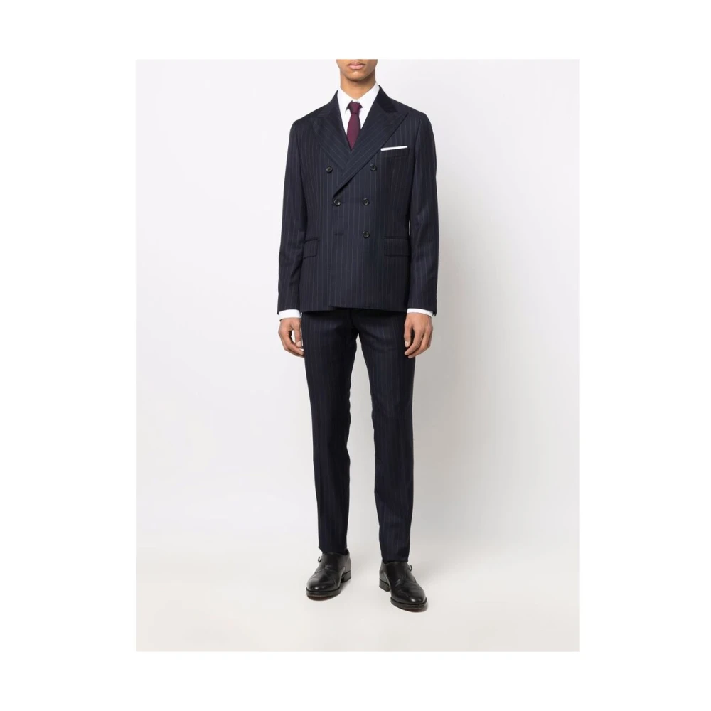 Reveres 1949 Navy Blauw Dubbelrijig Gestreept Pak Blue Heren