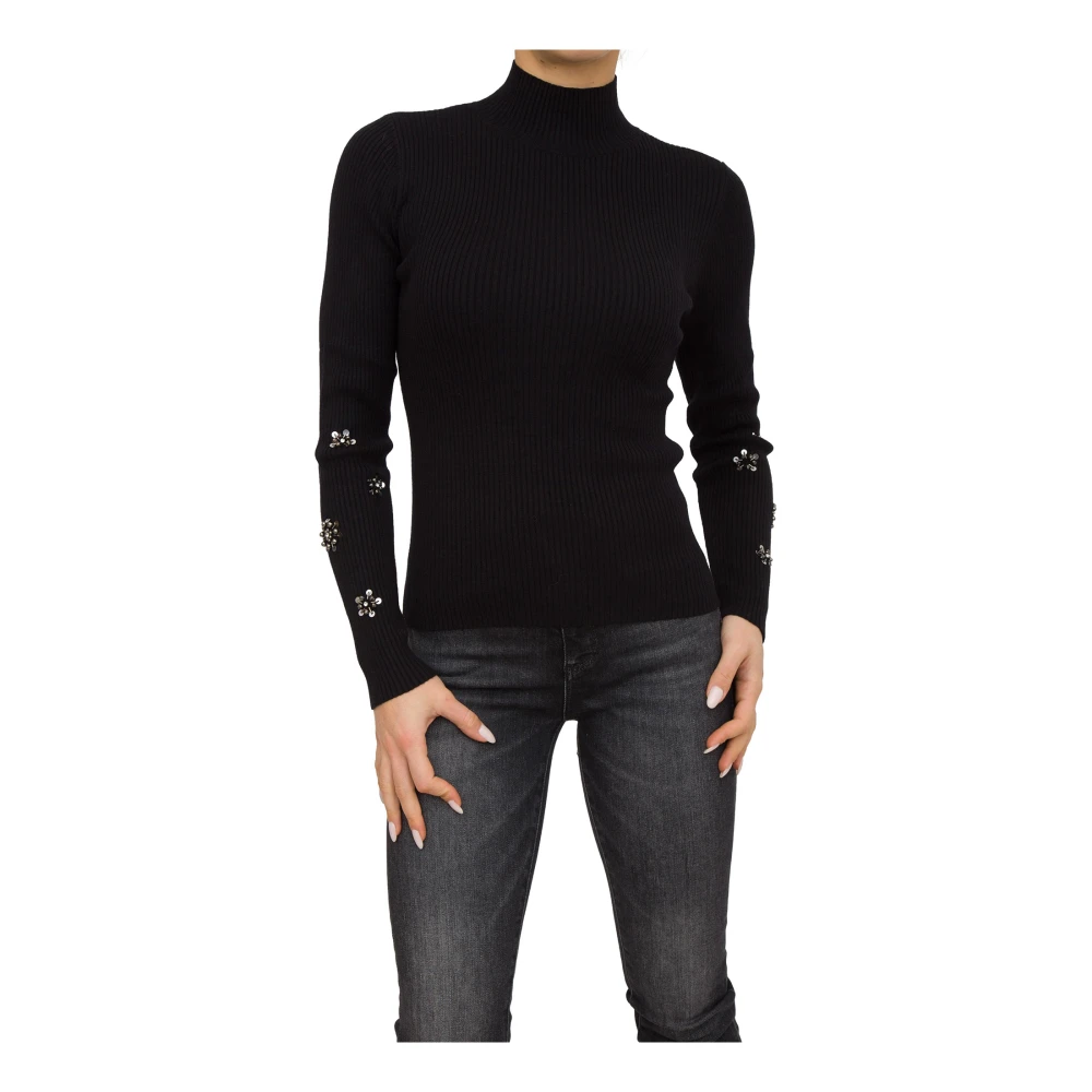 Twinset Zwarte Ribgebreide Truien met Handgeborduurde Bloemen Black Dames