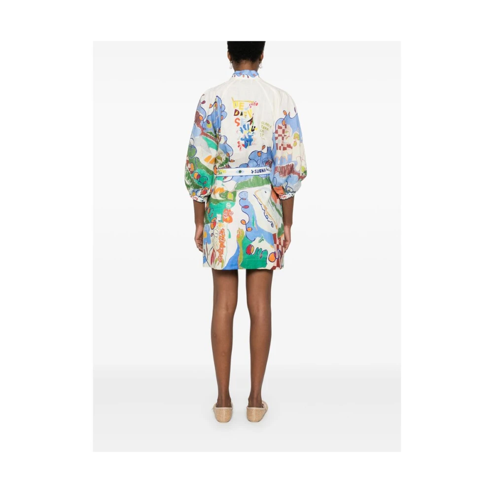 Alemais Illustratie-stijl Linnen Jurk met Pofmouwen Multicolor Dames