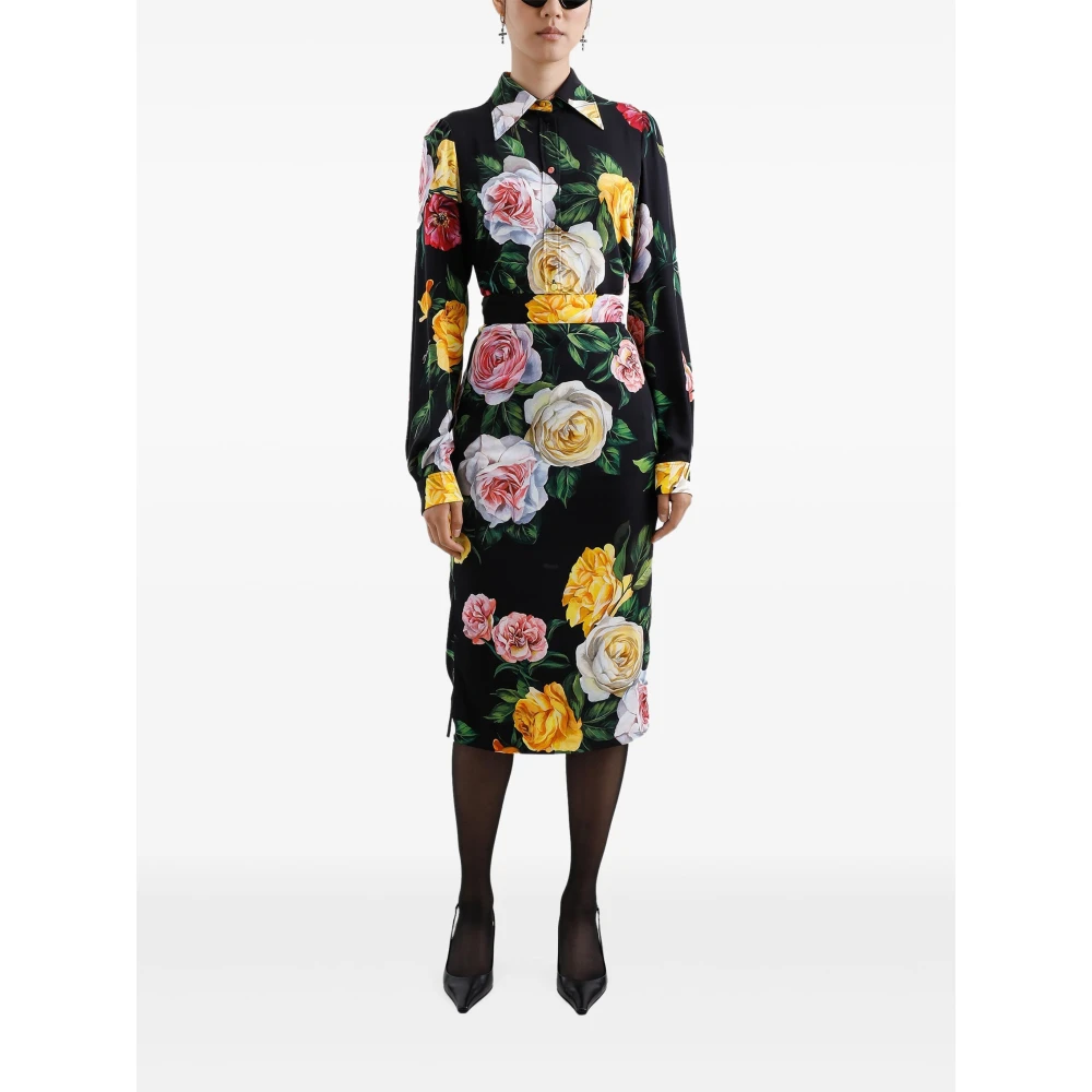 Dolce & Gabbana Peonie Rose Zwarte Shirt Multicolor Dames