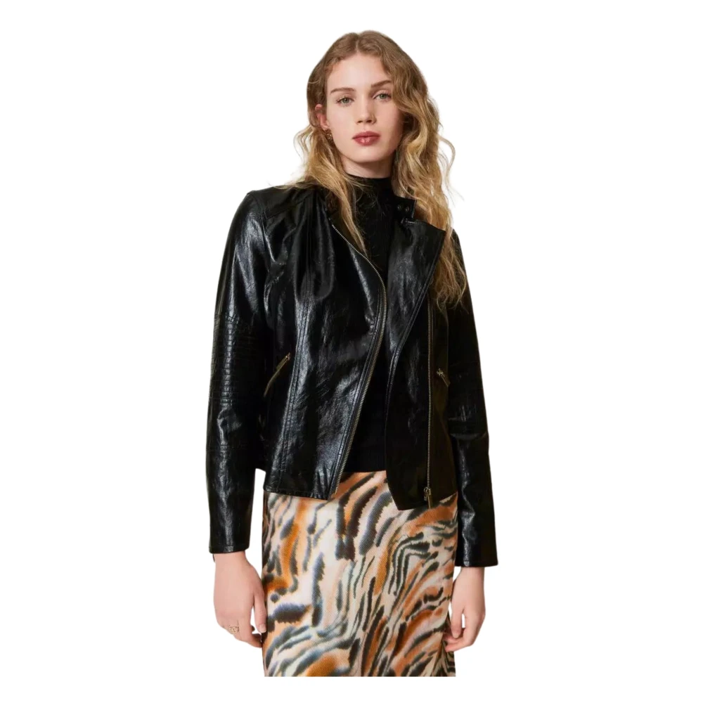 Twinset Zwarte Leren Bikerjas Black Dames