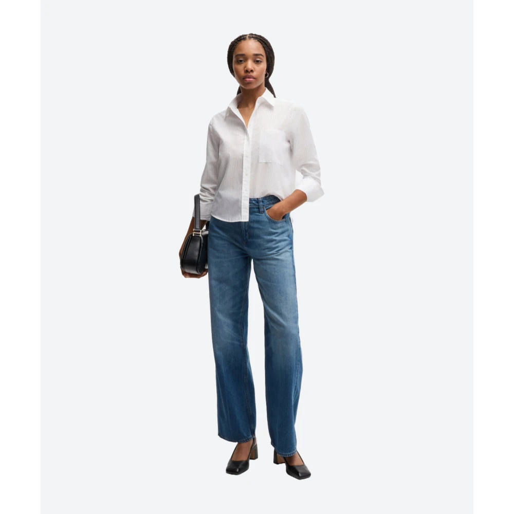 Hugo Boss Gestreept katoenen overhemd met geborduurd monogram White Dames