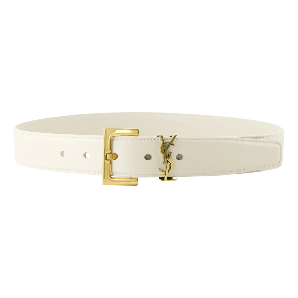 Saint Laurent Women's White Belts, 85 Cm, Bronze Metal Detail Leather Belt