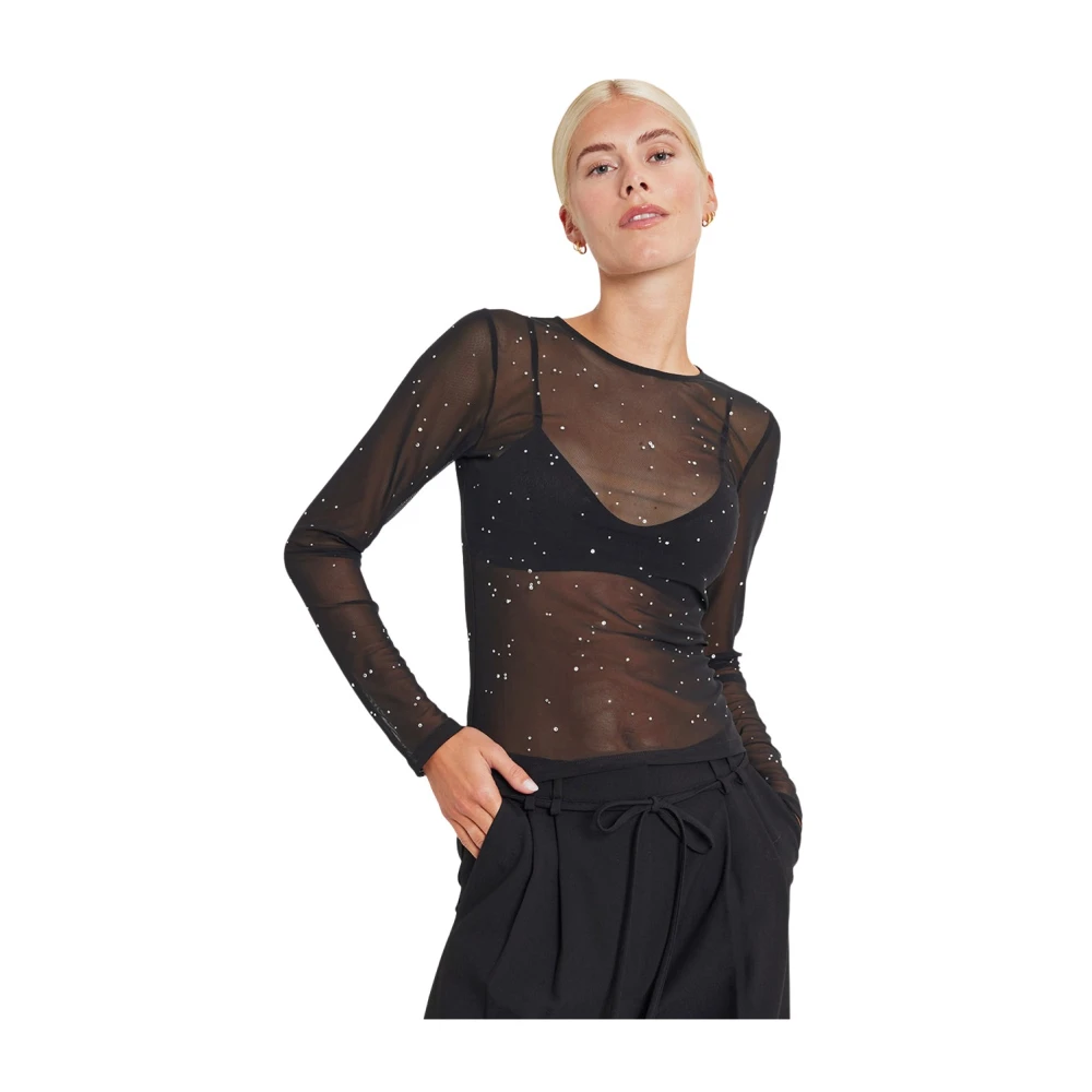 Envii Zwarte Doorschijnende Top met Strass Detail Black Dames