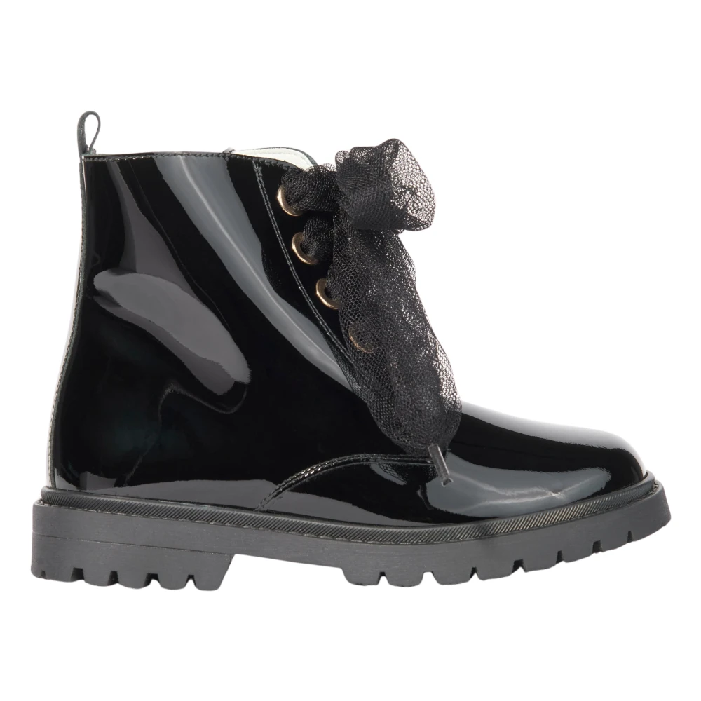Andanines Girls Black Kids Boots, 35 Eu, Leather Lace Up Boots