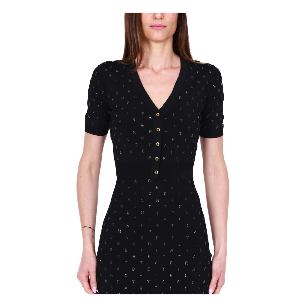 Elisabetta Franchi Zwarte Viscose Cropped Cardigan met Strass Detail Black Dames
