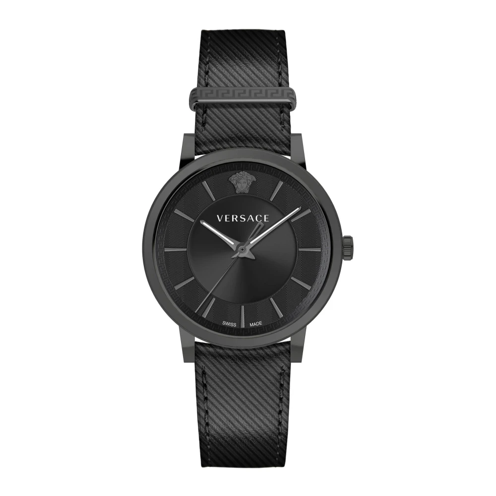 Versace Men's Black Leather Analog Watch V Circle - Watches - One Size - Accessories