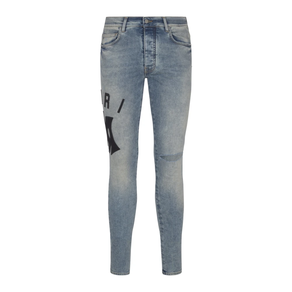 Amiri Blauwe Skinny Suède Applique Logo Jeans Blue Heren