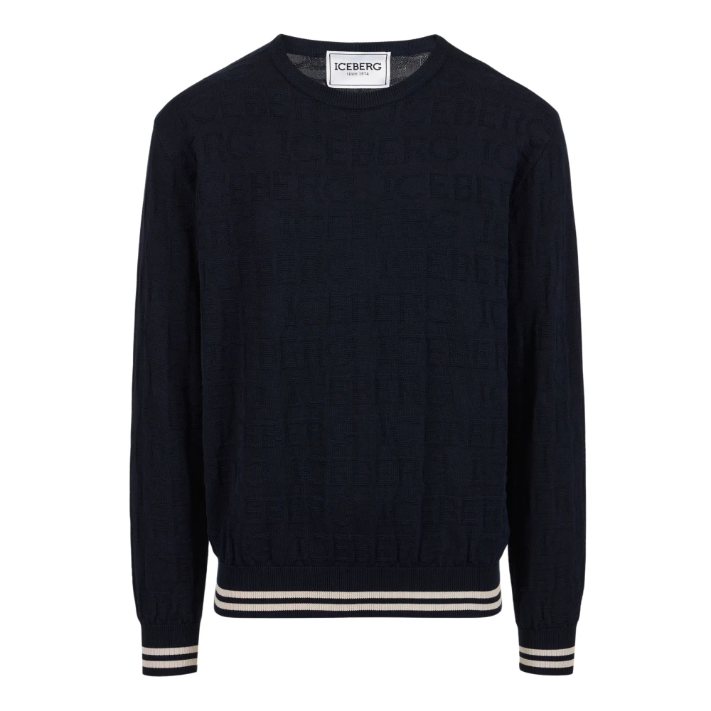 Iceberg Blauwe crewneck sweater van 100% katoen met allover logo Blue Heren