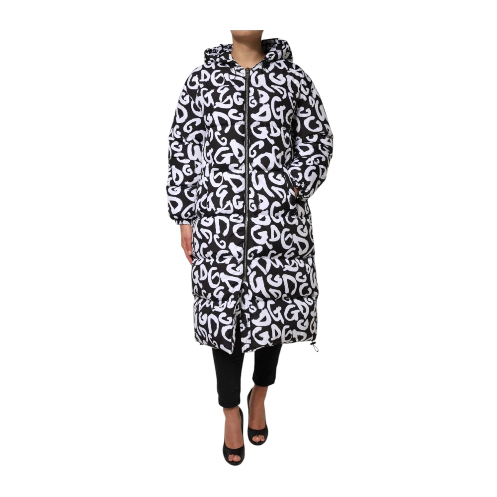 Dolce & Gabbana Women's White Black Dg Mania Puffer Jacket - Parkas - S - Coats