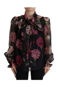 Black Floral Print Silk Top Shirt Blouse