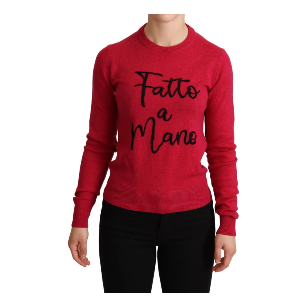 Dolce & Gabbana Women's Pink Embroidered Cashmere Wool Pullover - Round-Neck Knitwear - L- Knitwear