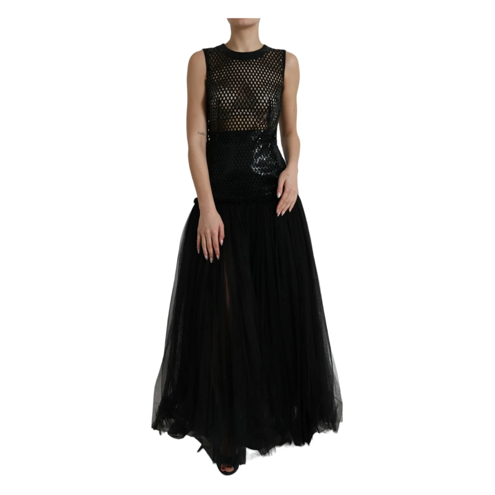 Dolce & Gabbana Women's Black Maxi Dresses,, Sequined Sleeveless Mesh Layered Gown Dress 3XS