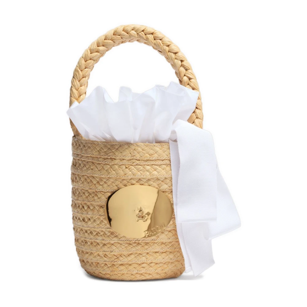 Patou Gevlochten Rieten Stro Tas met Deksel Beige Dames