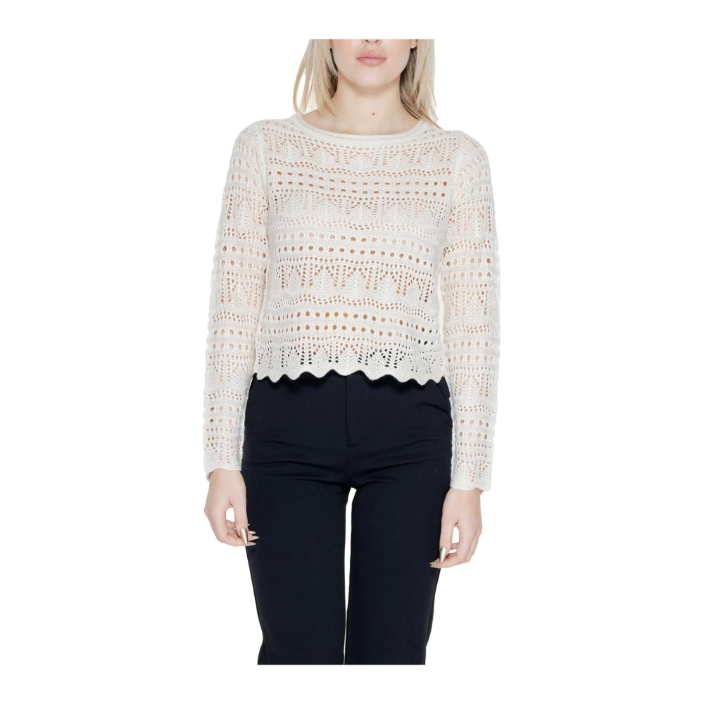 Jacqueline De Yong Women's Beige Round-Neck Knitwear, Xs, Long Sleeve Crochet Knit Jumper