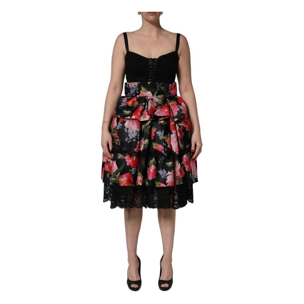 Dolce & Gabbana Vrouw Multicolor Kleedjes Dames, Veelkleurig, L, Katoen, Mouwmloze Bustier Jurk Met Bloemenprint En Gelaagde Rok