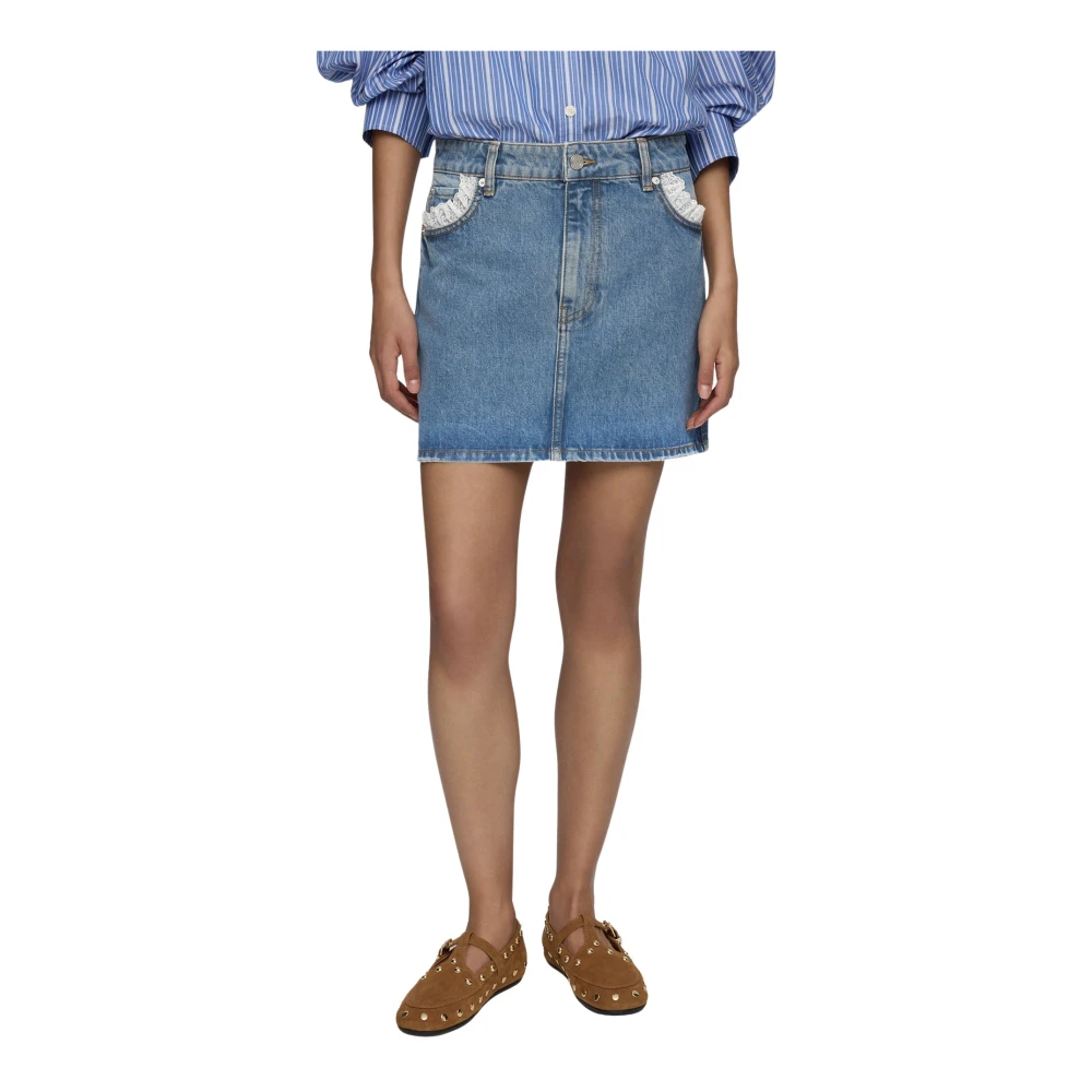 Ganni Rigid Denim Lace Mini Skirt - Female - Denim Skirts - Blue - M - Skirts